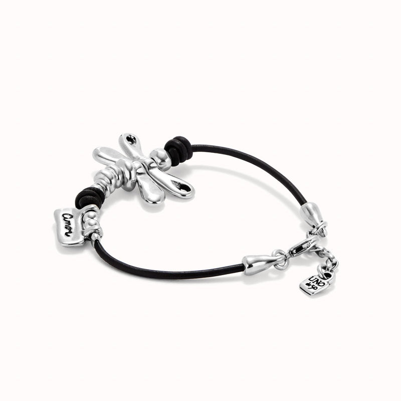 Pulsera de cuero UNODE50 con libélula bañado en plata de ley PEL2479MARMTL0M